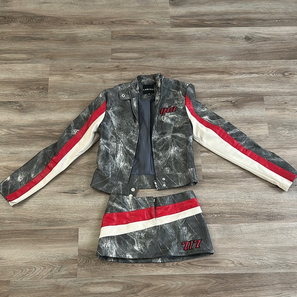 L.A.M.B. Two-Piece Moto Jacket & Skirt Set in Black, Red & White